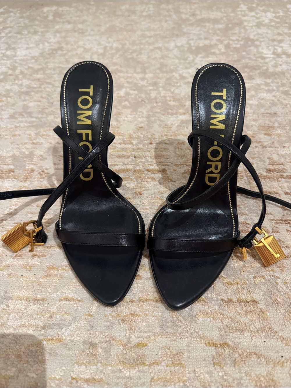 Tom Ford Black Leather Strappy Sandals with Gold Padlock Detail